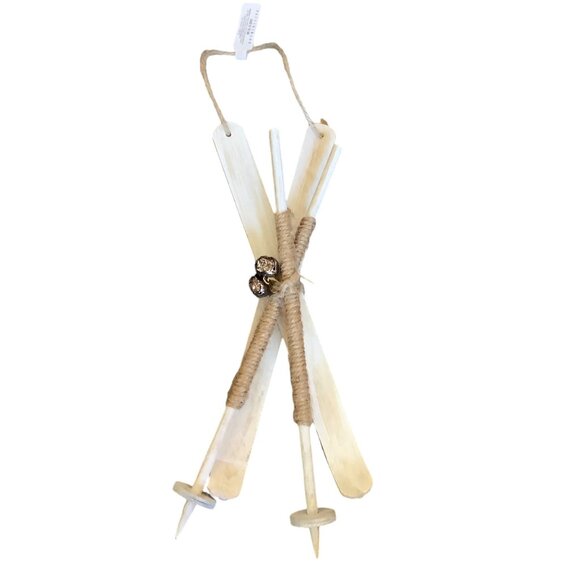Pottery Barn Decorative White Skis Ornament Bell Twine Accent 10” NWT - Picture 1 of 4